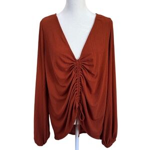 Free People Beach Rust Ruched‎ Front Long Sleeve Blouse Top Women's M Boho Coast